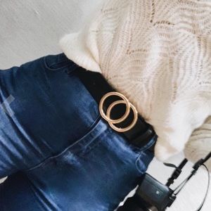 Gold buckle Double round ring leather belt